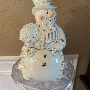 Holly Holiday Lenox Snowman Christmas Tree Bouquet Flowers Cookie Jar 1990’s